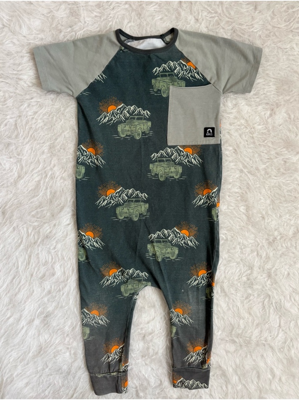 Rags Toddler Boy Outdoor Mountain & Jeep AOP Romper in Green & Gray